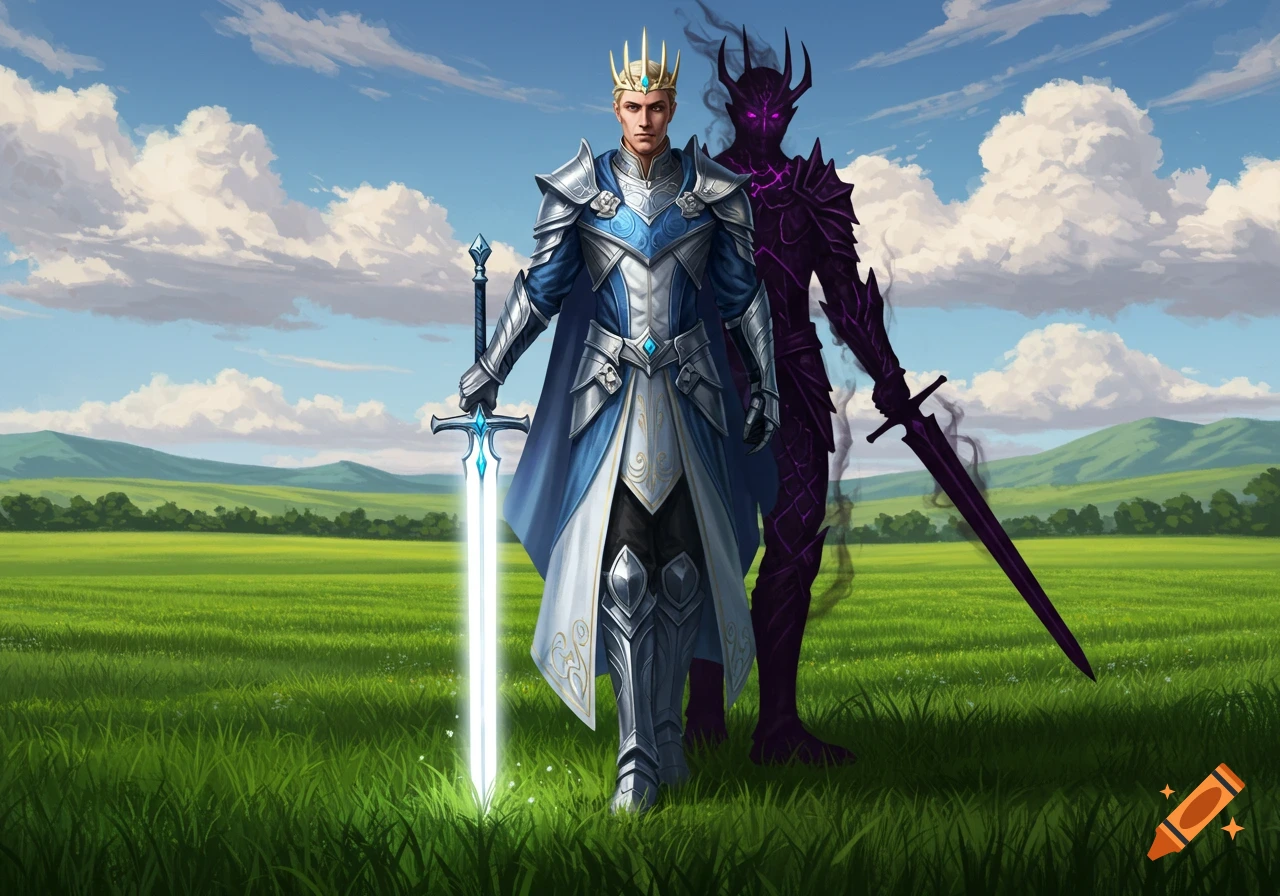 A man in blue and white regal armor with a glowing sword stands in a green field, a shadowy evil version of him behind.
