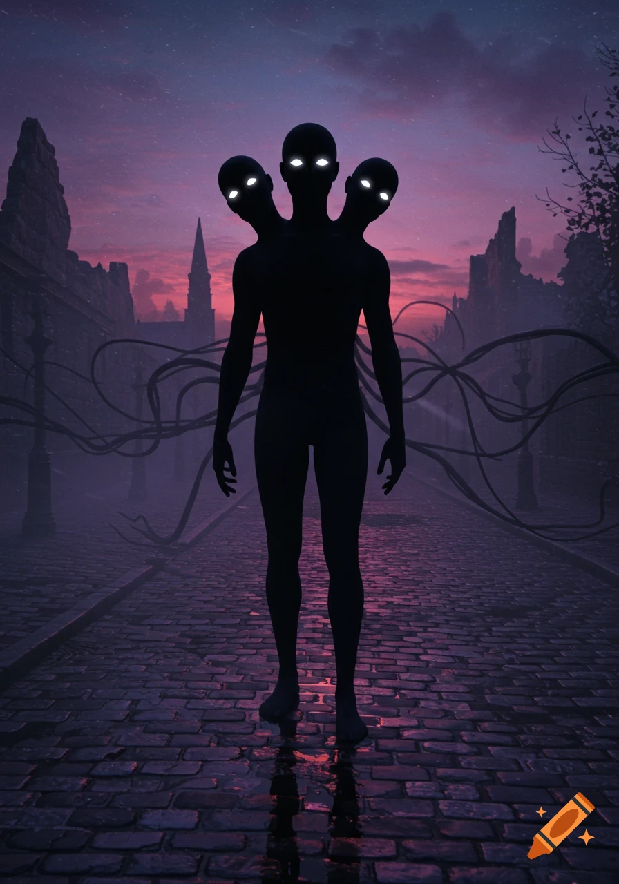 A dark, three-headed silhouette figure with glowing eyes stands on a cobblestone street in a ruined city under a purple and pink sky.