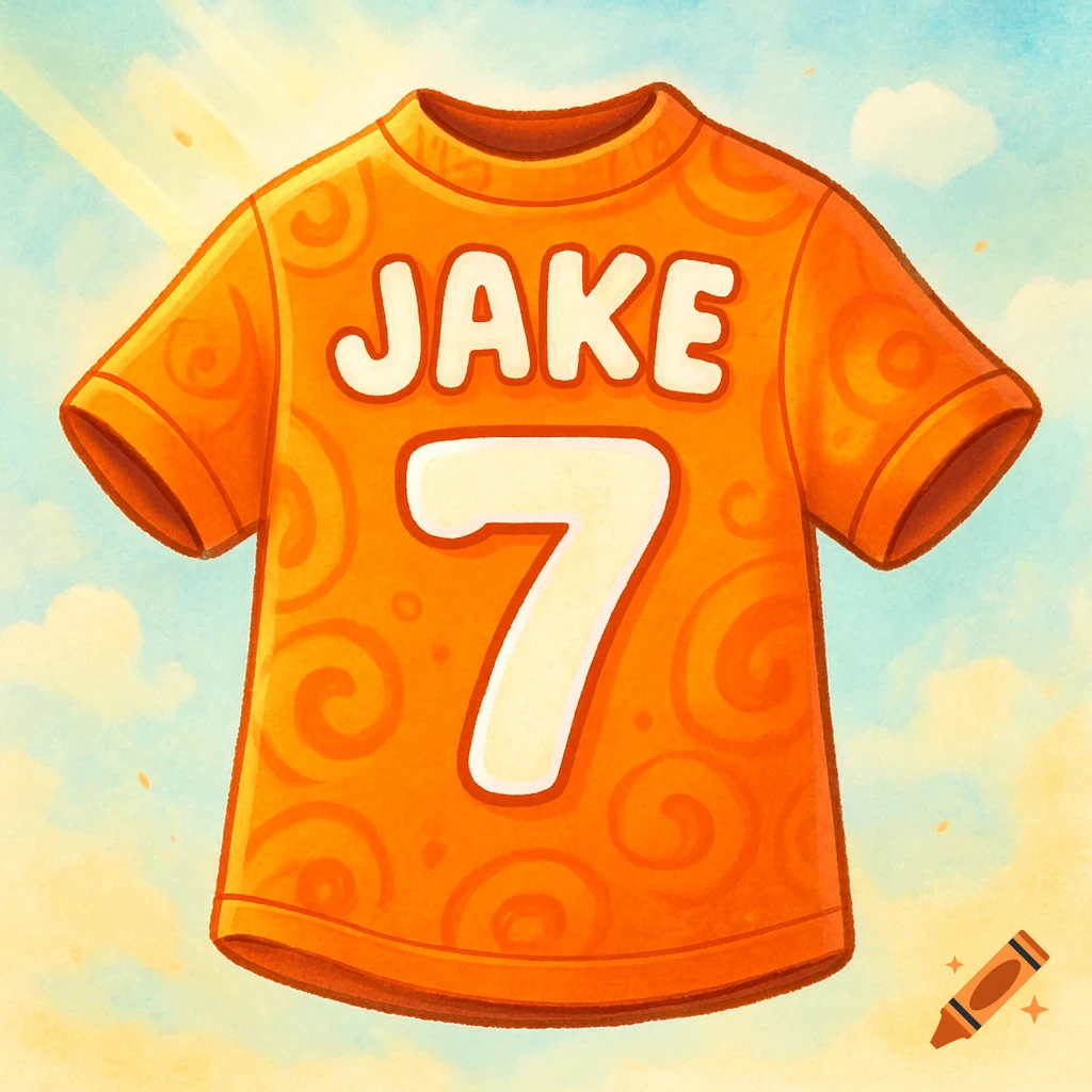 Cartoon orange t-shirt with the name 'JAKE' and the number '7' against a sunny sky.