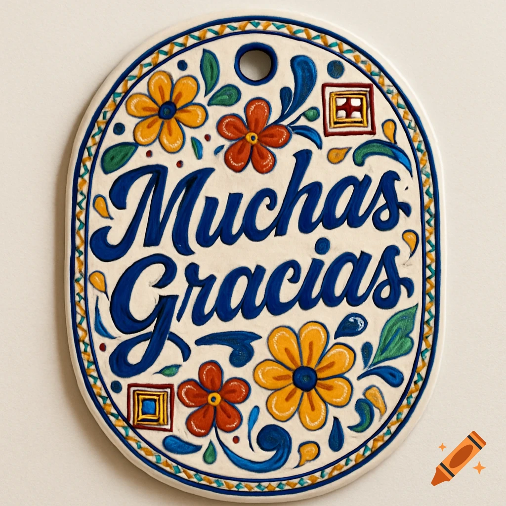 Oval Talavera-style ceramic tag with 'Muchas Gracias' in blue script, surrounded by colorful floral patterns.