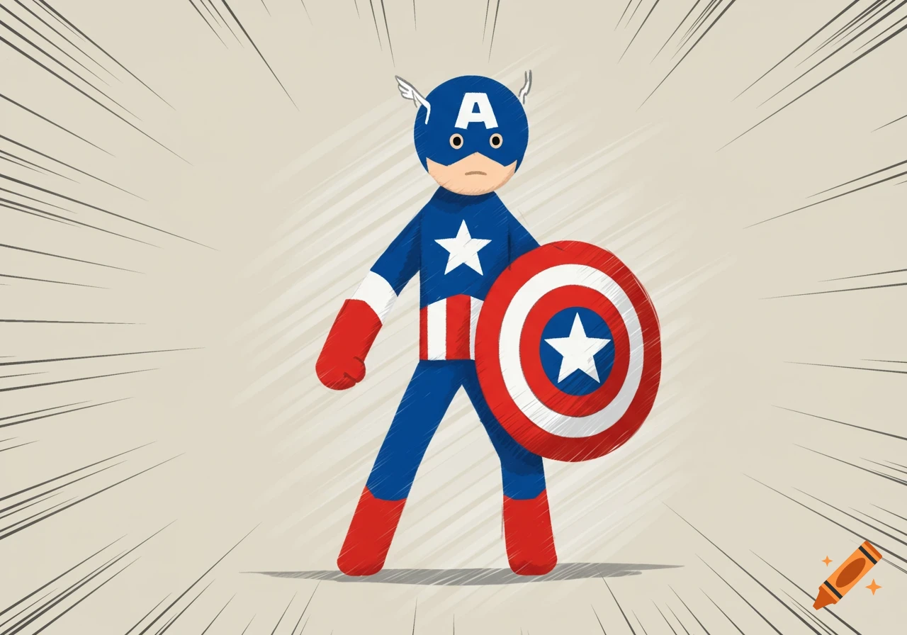A stick figure superhero resembling Captain America stands with a shield, in a cartoon illustration style with speed lines.