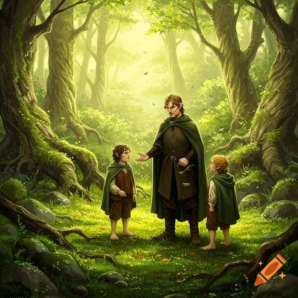 A man in a green cloak talks to two smaller figures in a lush, sunlit fantasy forest.