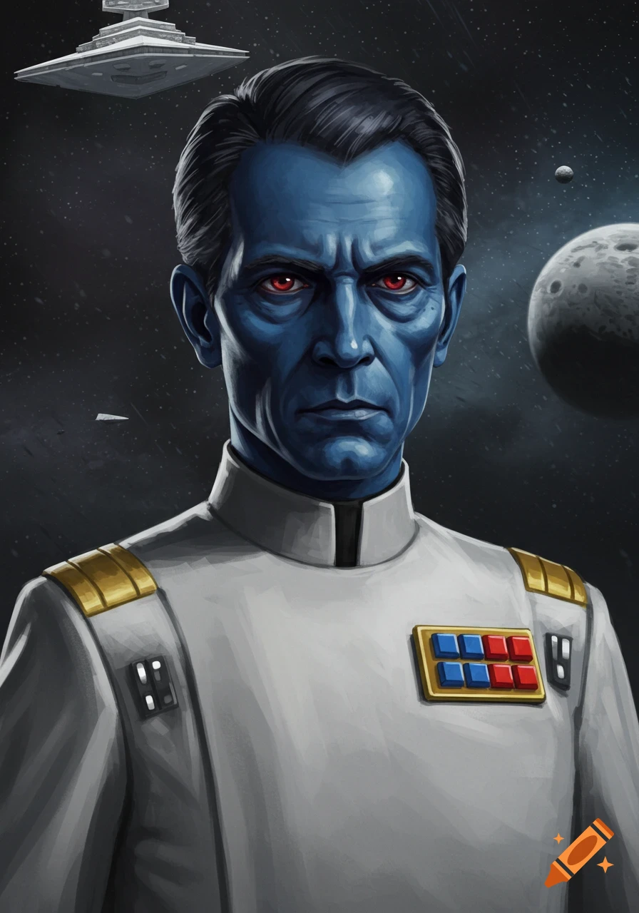 Portrait of Grand Admiral Thrawn, a blue-skinned alien with red eyes in a white military uniform, against a starry space background with a Star Destroyer and a moon.