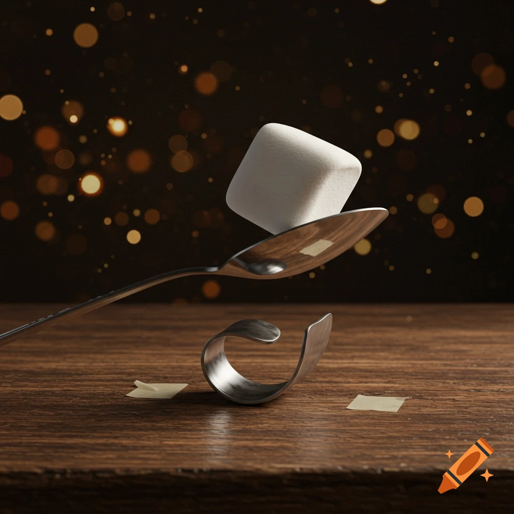 A white marshmallow balances on a silver spoon, which in turn is balanced on a curved metal object on a dark wooden table, with bokeh lights in the background.