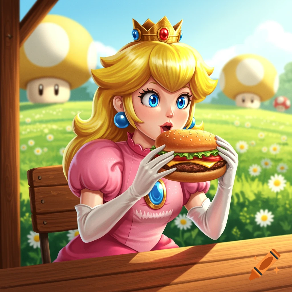 Princess Peach with blonde hair and a pink dress, wearing a crown, eagerly eating a large burger in a grassy field with large mushrooms.