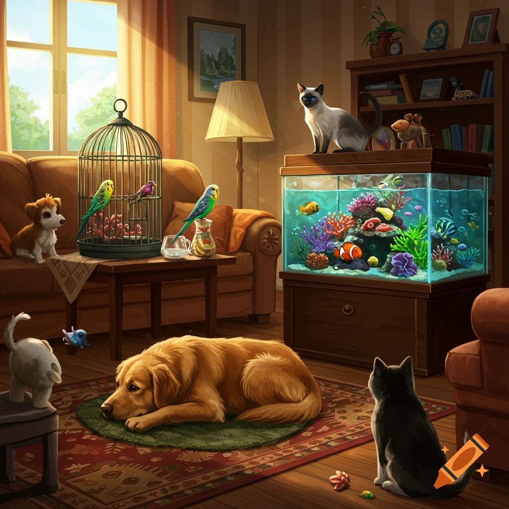 A cozy living room with a golden retriever, two cats, a birdcage with budgies, and a fish tank with a clownfish, all bathed in warm sunlight.