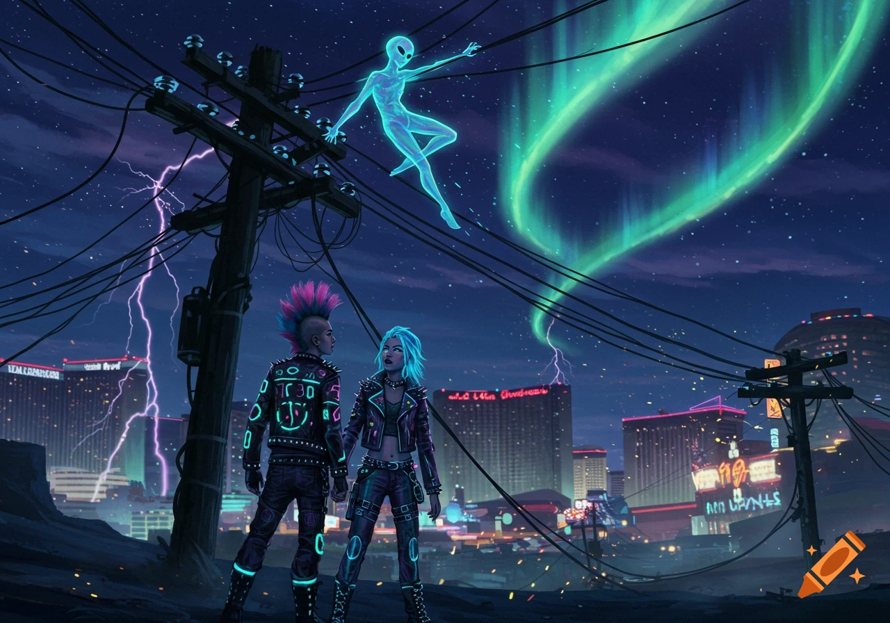 Two punk-styled individuals gaze at a glowing alien floating above power lines, with a neon-lit Las Vegas cityscape and green aurora in the stormy night sky.