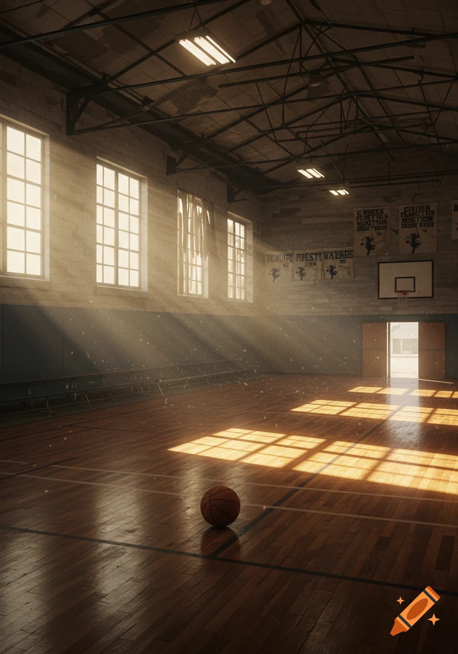 A sunlit, deserted junior high school gymnasium with a basketball on the court, featuring large windows and banners on the walls.