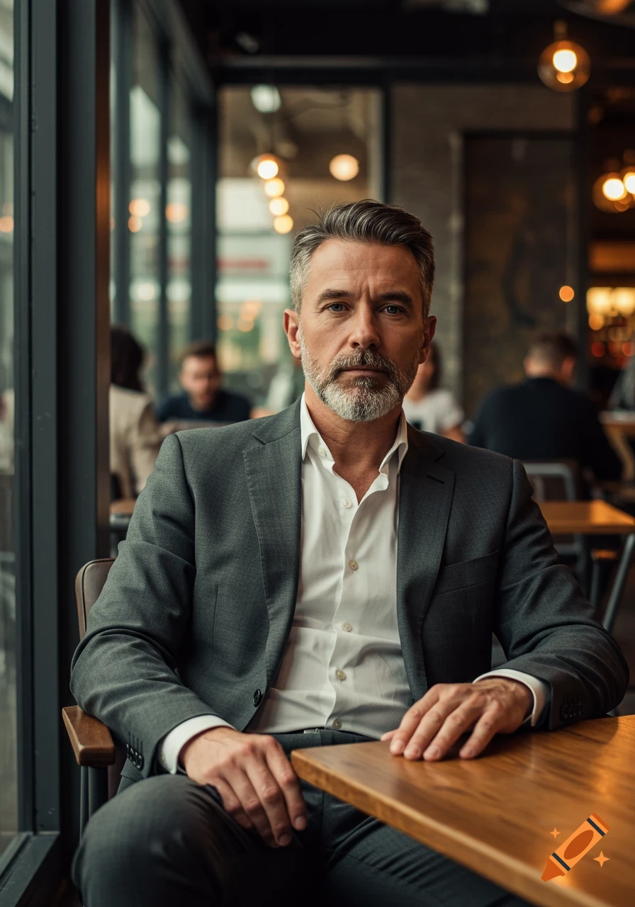 A distinguished-looking man with a grey beard and suit sits at a wooden table in a cafe, looking directly at the camera.
