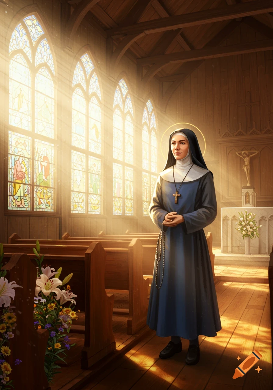 A nun stands in a sunlit church aisle, holding a rosary. Stained glass windows illuminate the wooden pews and altar.
