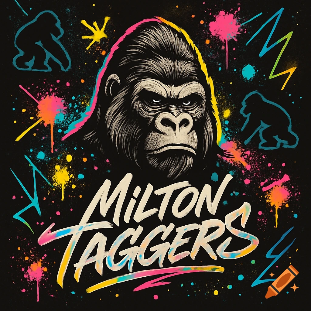 Stylized gorilla head logo with 'MILTON TAGGERS' text in neon and paint splatter on a dark background.