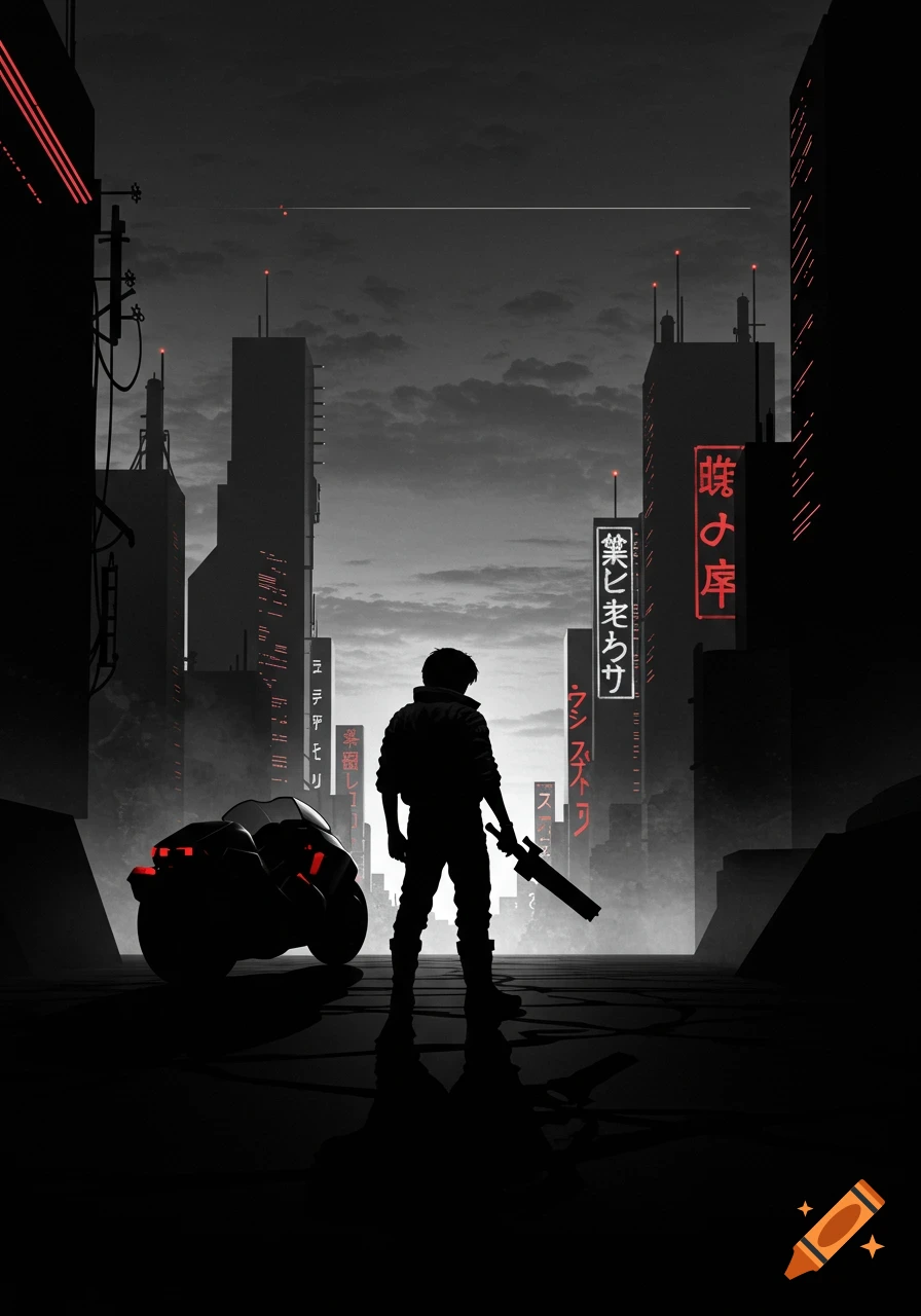 A minimalist black and white cyberpunk illustration of a lone silhouetted figure standing with a motorcycle in a futuristic city.