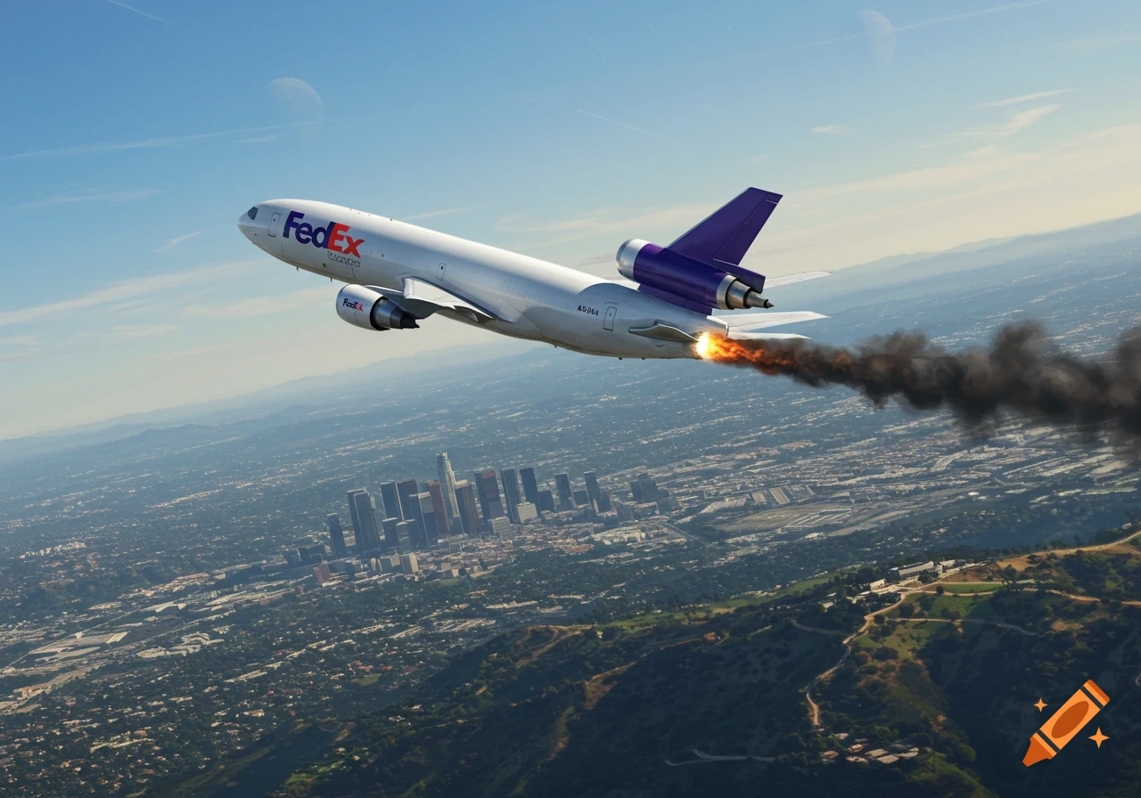 A photorealistic image of a FedEx DC-10 airplane with its third engine on fire, trailing black smoke, flying over the Los Angeles skyline.