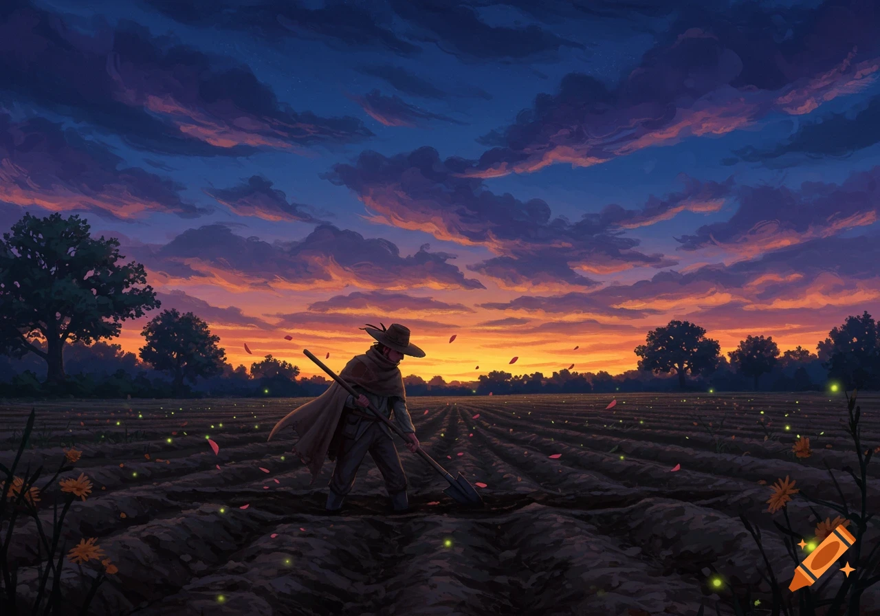 A lone figure in a wide-brimmed hat and cloak uses a shovel in a dark field under a dramatic orange and purple sunset sky, with glowing lights and falling petals.
