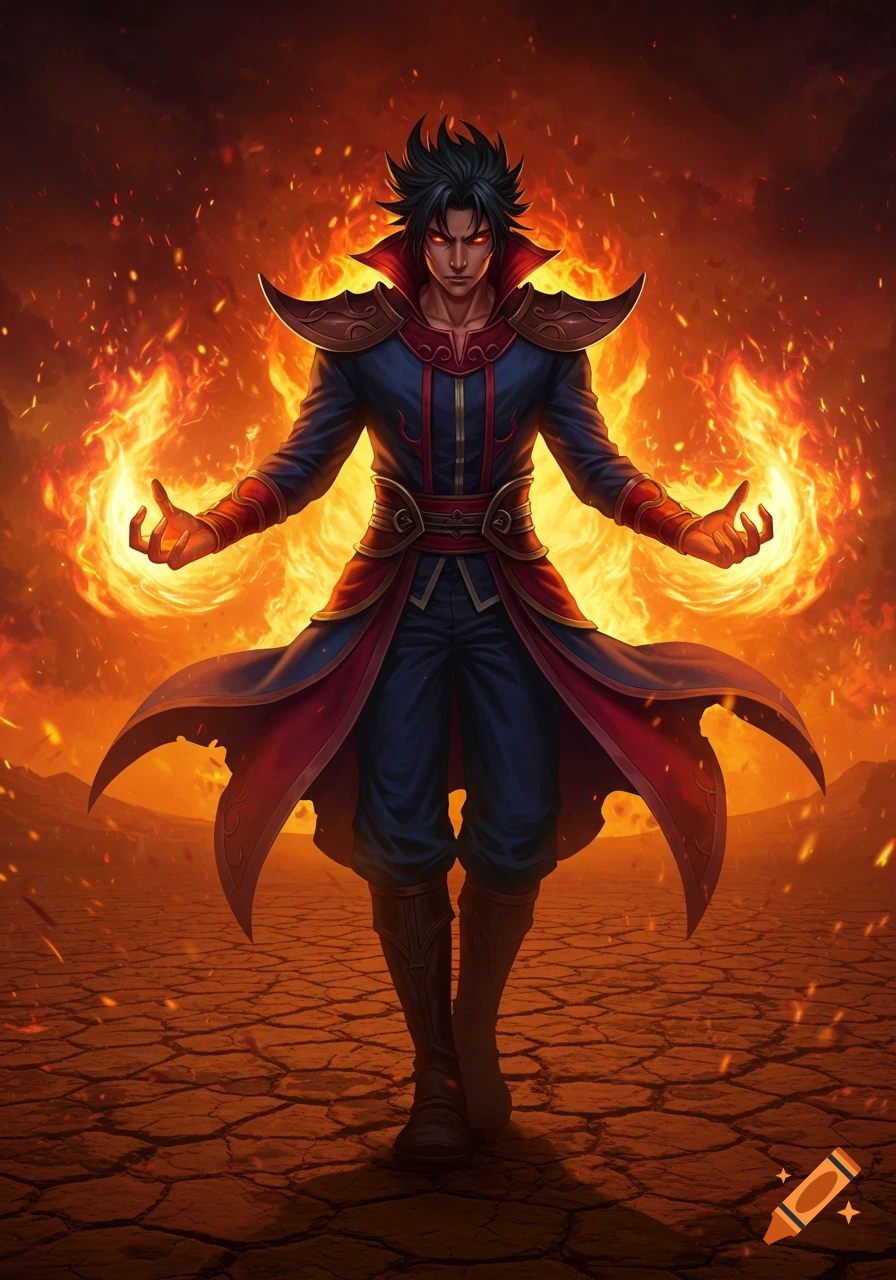 An anime-style male fire mage with red eyes and spiky black hair, wearing a dark robe, casts fire in a desolate, fiery landscape.