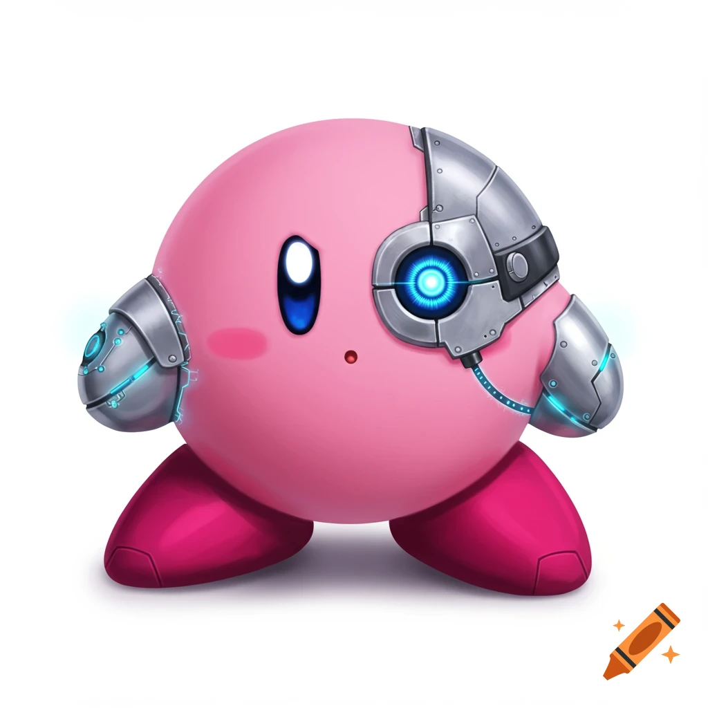 A pink, round Kirby character with metallic robot upgrades on his head and arms, featuring a glowing blue robot eye, stands against a white background.