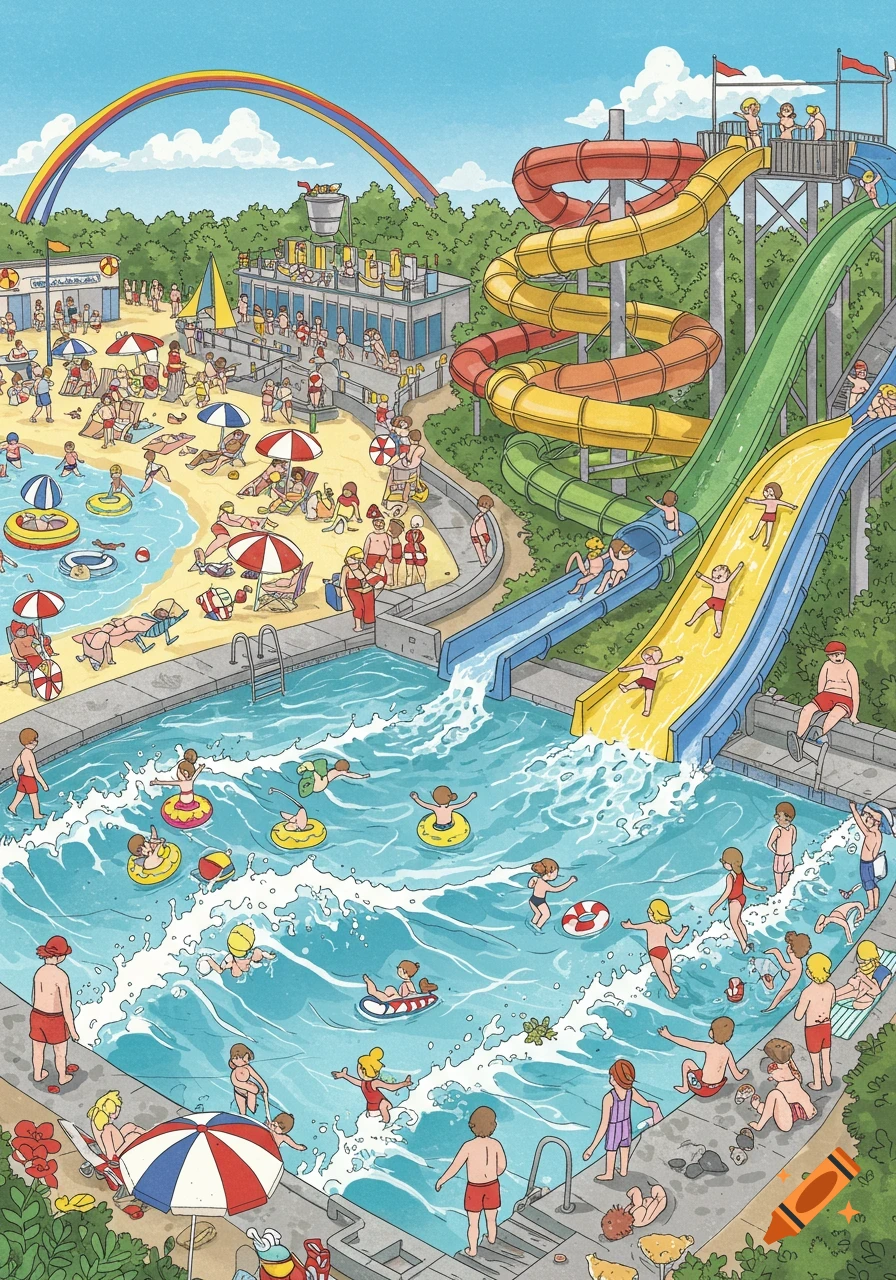 A detailed, busy Wimmelbook-style illustration of a vibrant water park with people swimming, sunbathing, and going down colorful water slides under a rainbow.