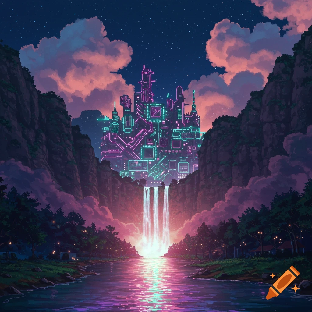 Studio Ghibli style landscape of a neon circuit city floating between mountains, waterfalls flowing into a glowing river at night.