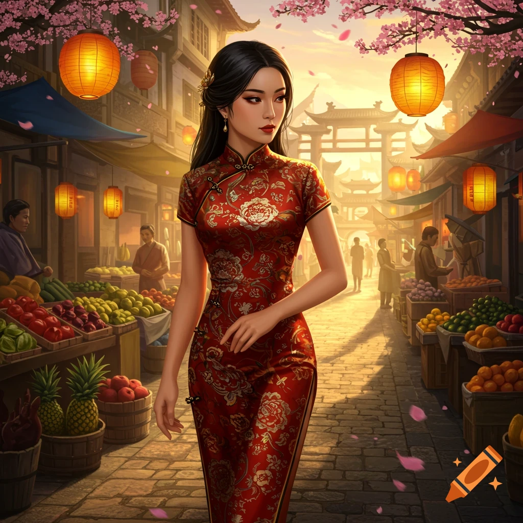 A beautiful Asian woman in a red cheongsam walks through a vibrant street market with cherry blossoms and lanterns.