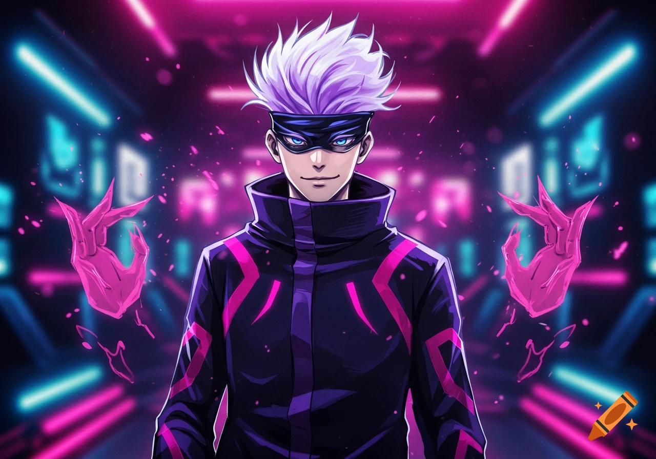 An anime character resembling Satoru Gojo with white hair and a blindfold stands in a neon-lit, cyberpunk environment, flanked by glowing pink, stylized hands.