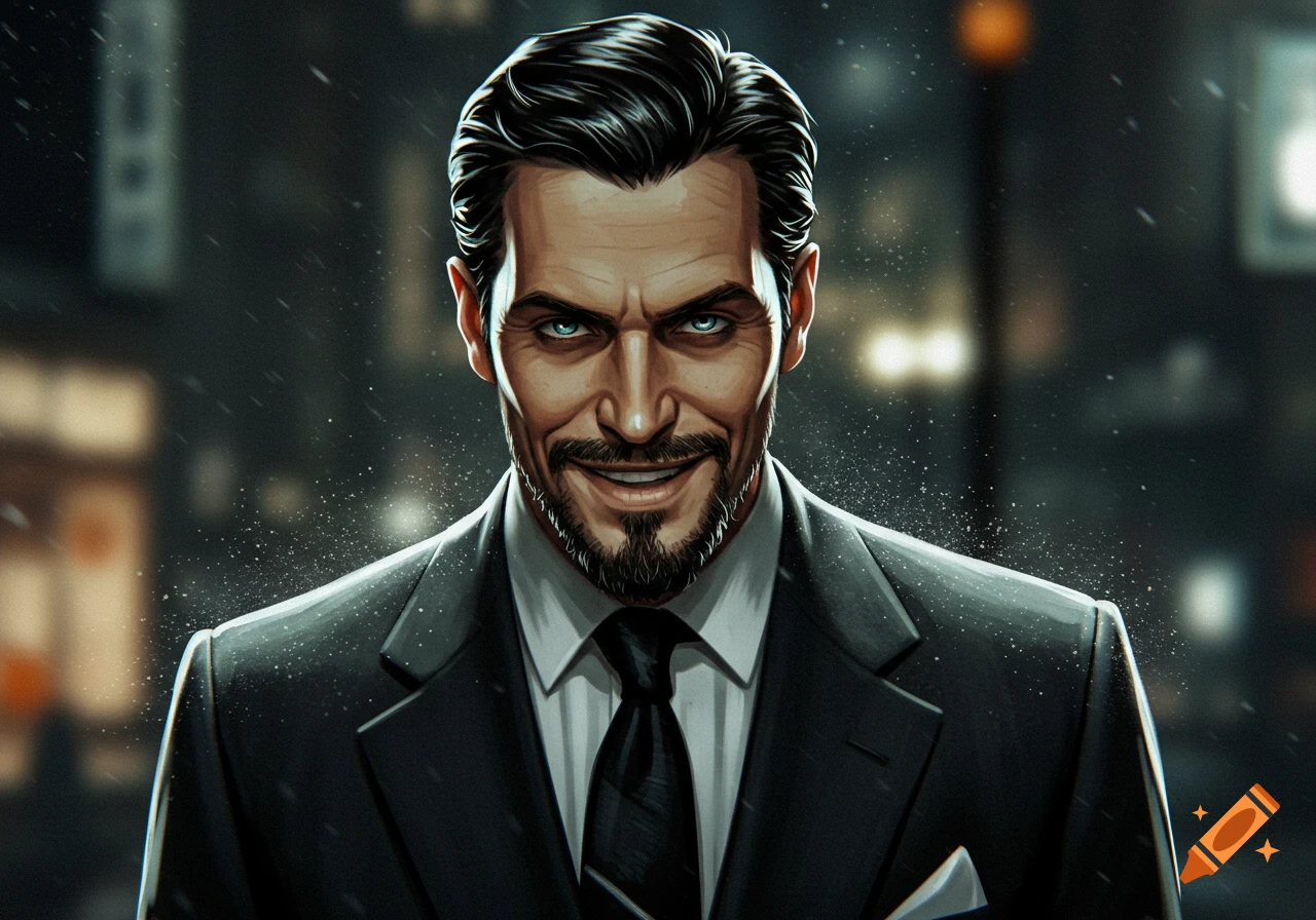 A stylized portrait of a man with glowing blue eyes and a Van Dyke beard, wearing a dark suit, with a sinister smile.