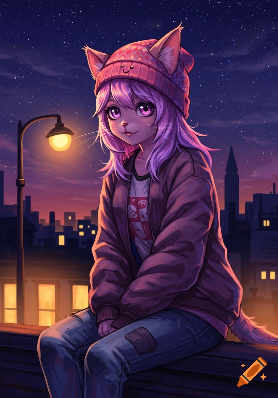 Anime cat girl with pink hair and a beanie sits on a rooftop at dusk with a city skyline and starry sky.