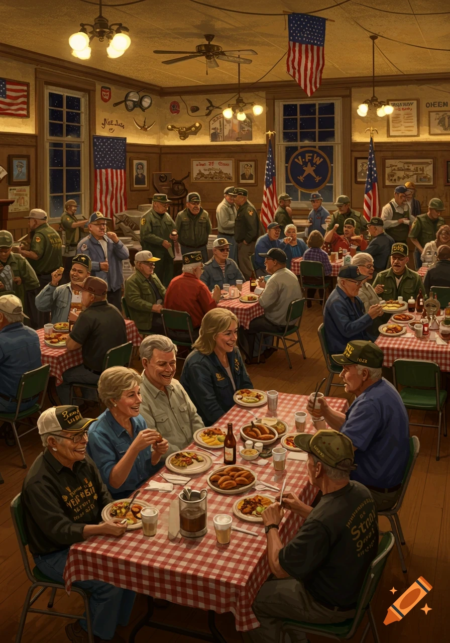 A lively scene of veterans gathered in a VFW hall, eating dinner at tables with red and white checkered tablecloths, under US flags.