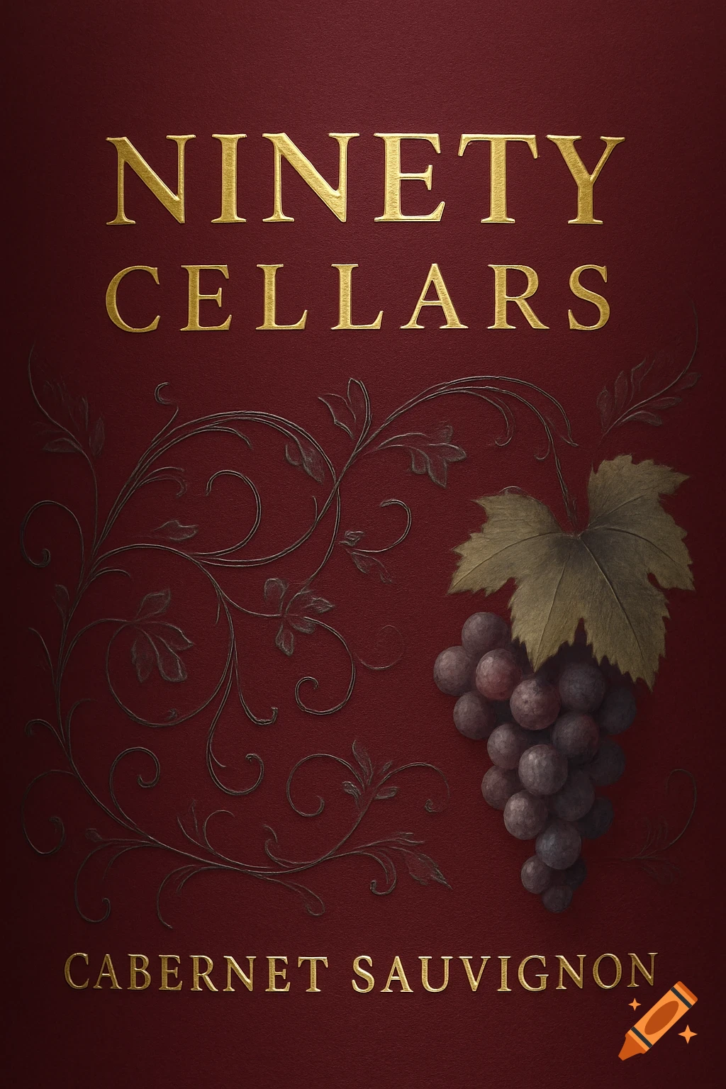 A dark red wine label with gold text "Ninety Cellars" and "Cabernet Sauvignon," embossed vines, and a bunch of grapes.
