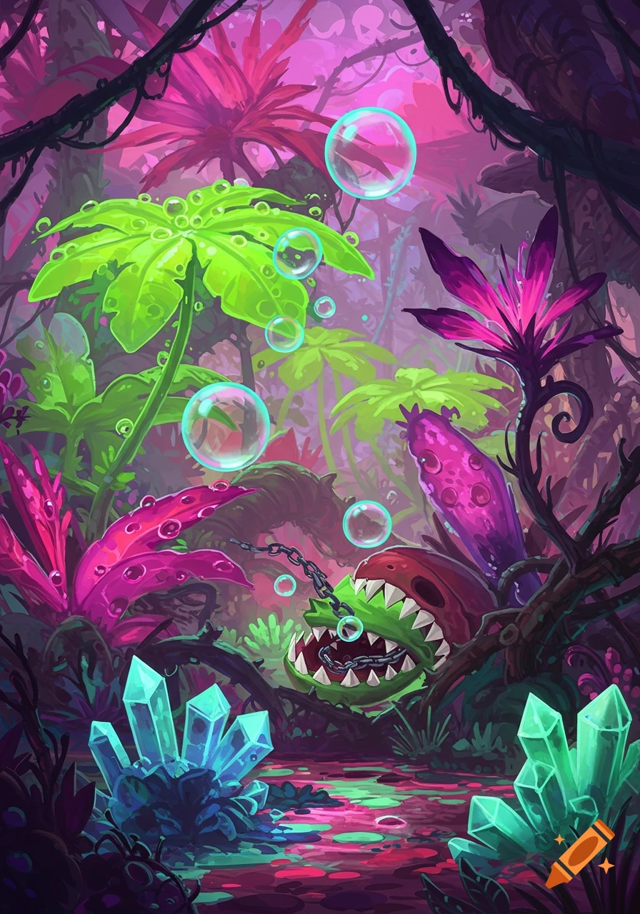 A vibrant, stylized jungle scene with glowing pink and green foliage, floating bubbles, bright teal crystals, and a green, toothy monster with chains.