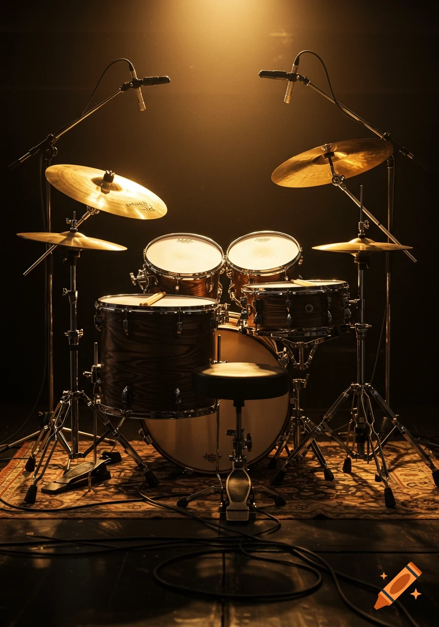A professional jazz drum set bathed in warm, golden spotlights on a dark stage.
