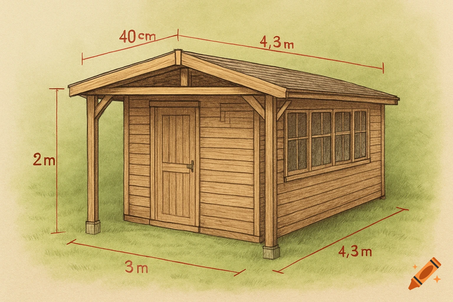 Detailed drawing of a wooden garden shed with a door, windows, and dimensions marked in red on a grassy ground.