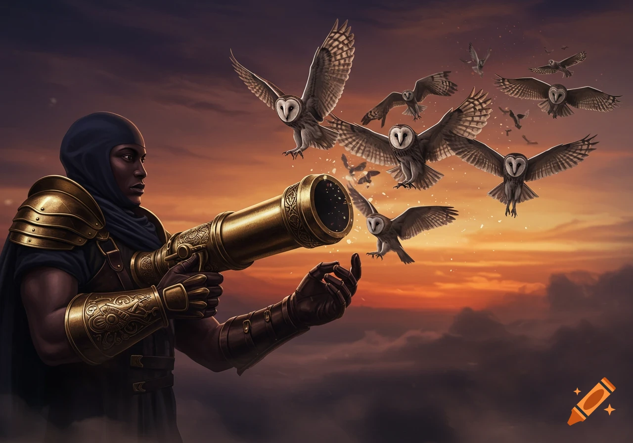 A person in gold armor and a dark hood holds a cannon-like device that shoots barn owls into a vibrant sunset sky filled with clouds.