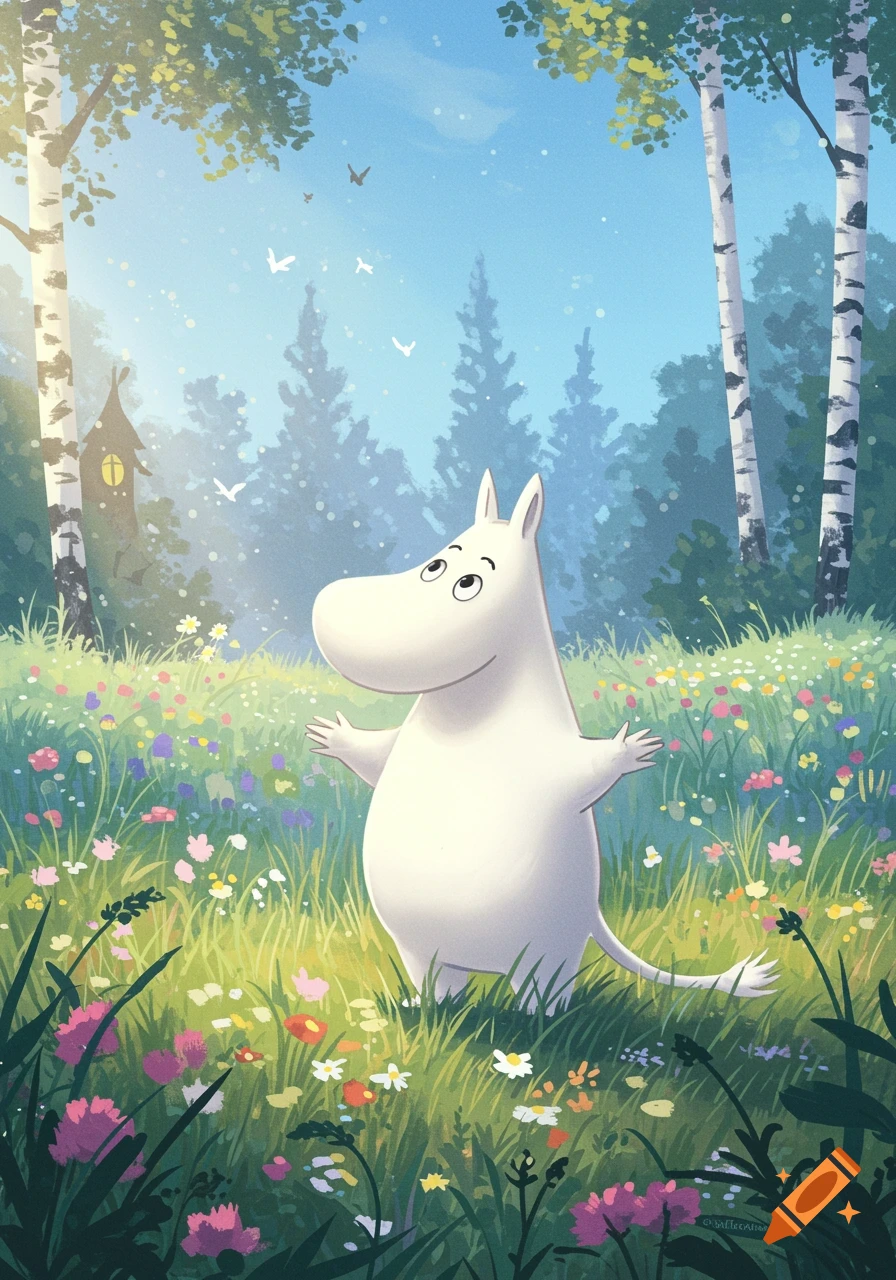 Moomintroll stands with arms outstretched in a vibrant meadow filled with colorful wildflowers, surrounded by birch and pine trees under a clear blue sky, in a charming cartoon illustration style.