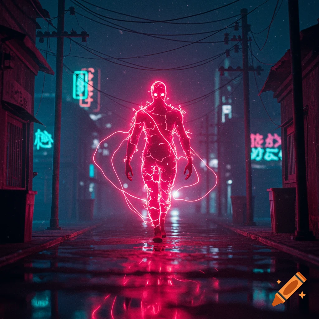 A glowing red energy man walks down a wet, neon-lit cyberpunk street at night, with buildings reflecting light.