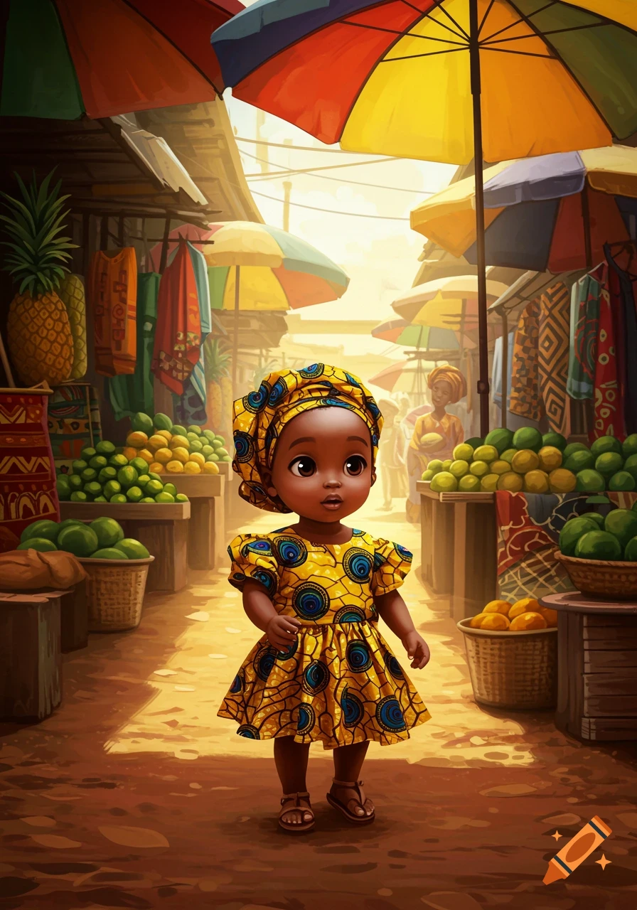 A cute Nigerian girl in a yellow patterned dress stands in a colorful market with fruit stalls and umbrellas, illustration.