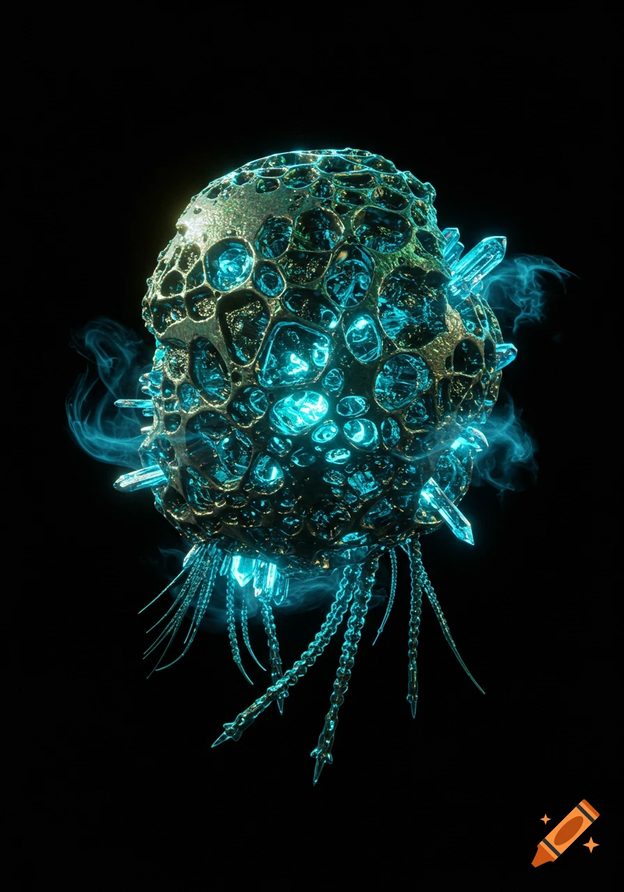 Abstract metallic sphere with glowing blue crystals and tendrils, against a black background.