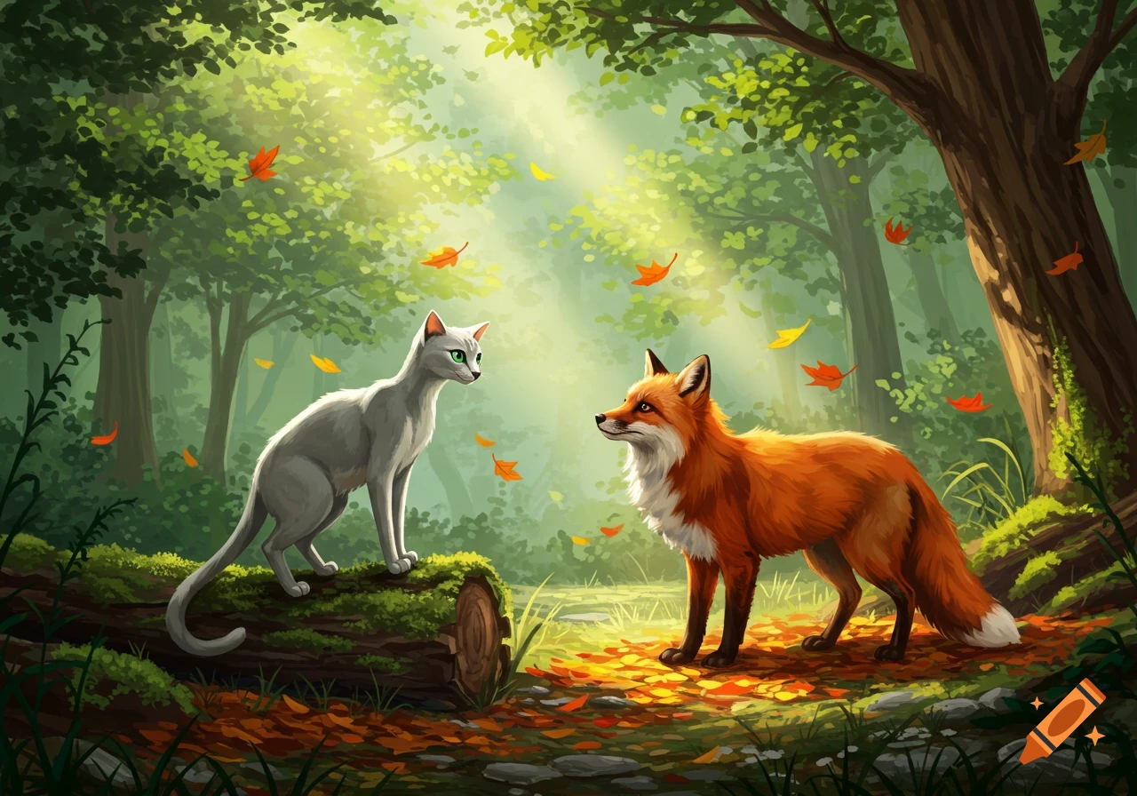 A grey cat on a mossy log faces a red fox in a sunlit forest with autumn leaves falling.