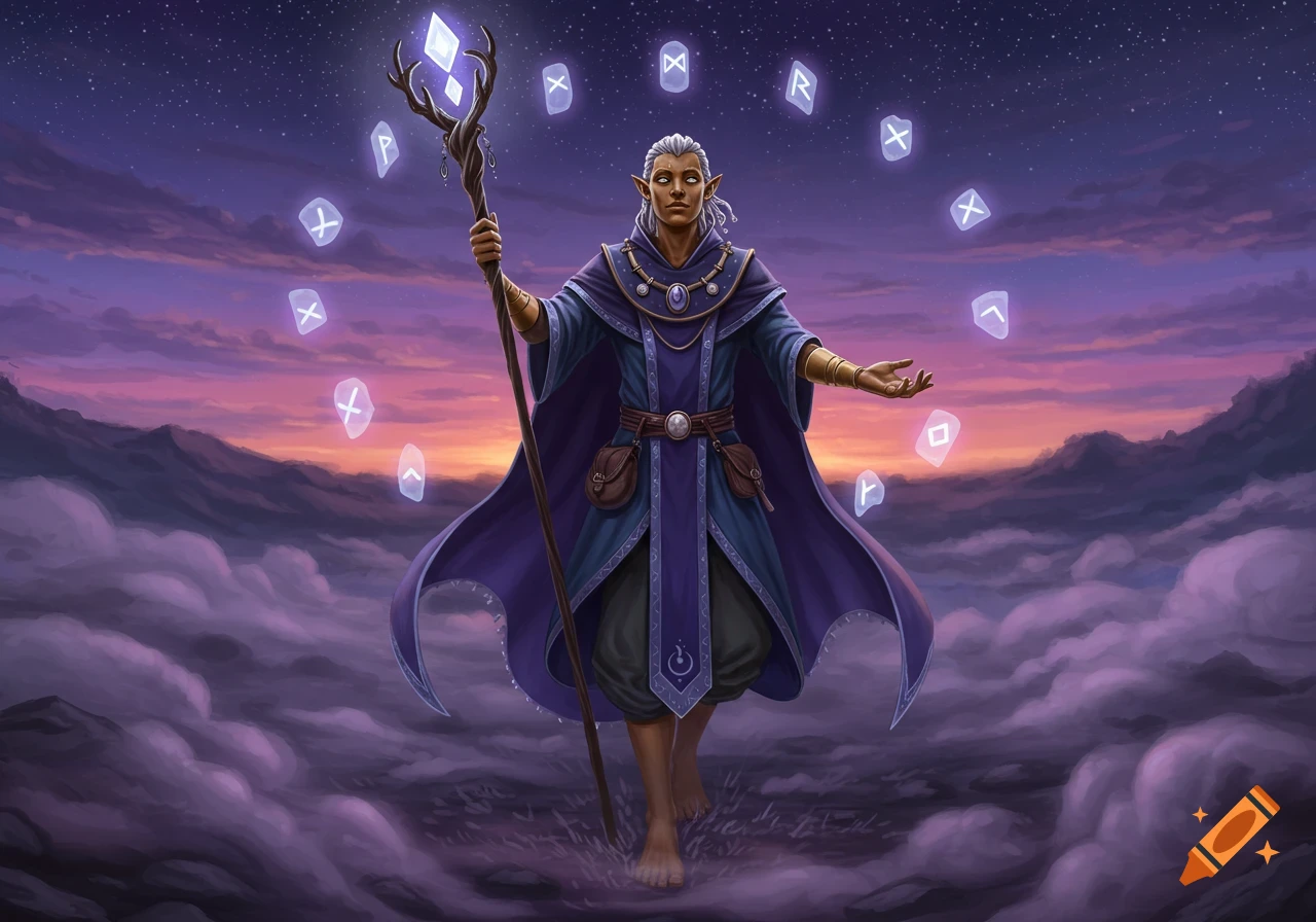A grey-skinned elf-like character in purple robes holds a staff with a glowing crystal, surrounded by floating runes under a starry twilight sky.