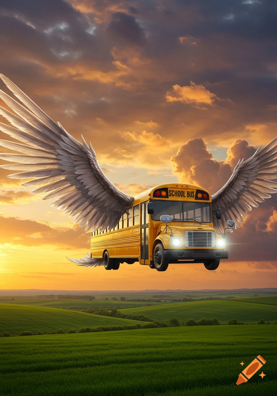A yellow school bus with large feathery wings flies over a green field under an orange sunset sky.