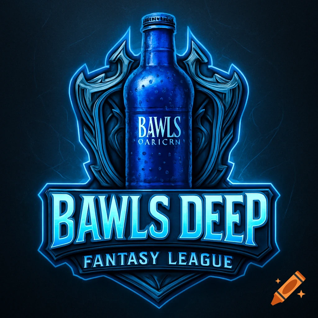A glowing blue and black logo featuring a textured shield design with a sweating blue bottle labeled "BAWLS" at the top, and a banner below reading "BAWLS DEEP FANTASY LEAGUE" in bold, stylized letters.