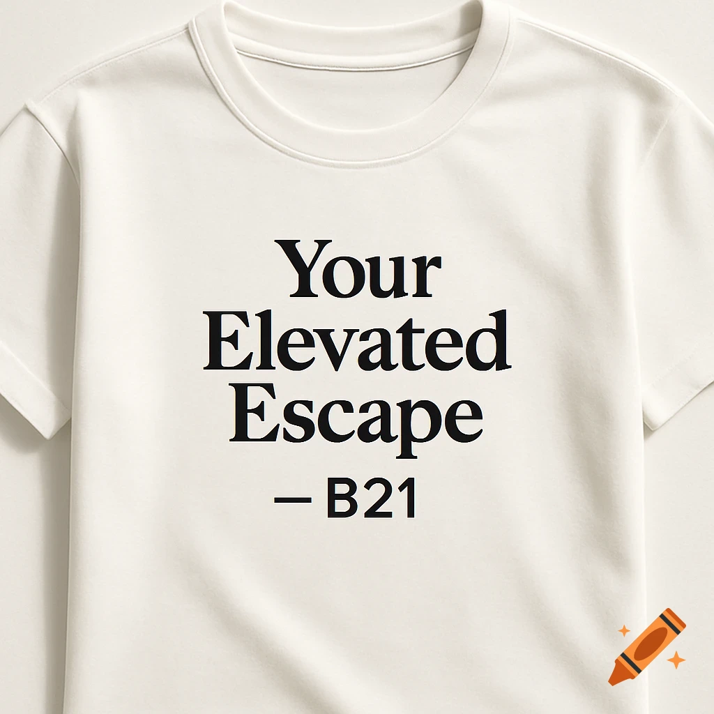 Close-up of a white t-shirt with the black text 'Your Elevated Escape B21' on the front, photorealistic.