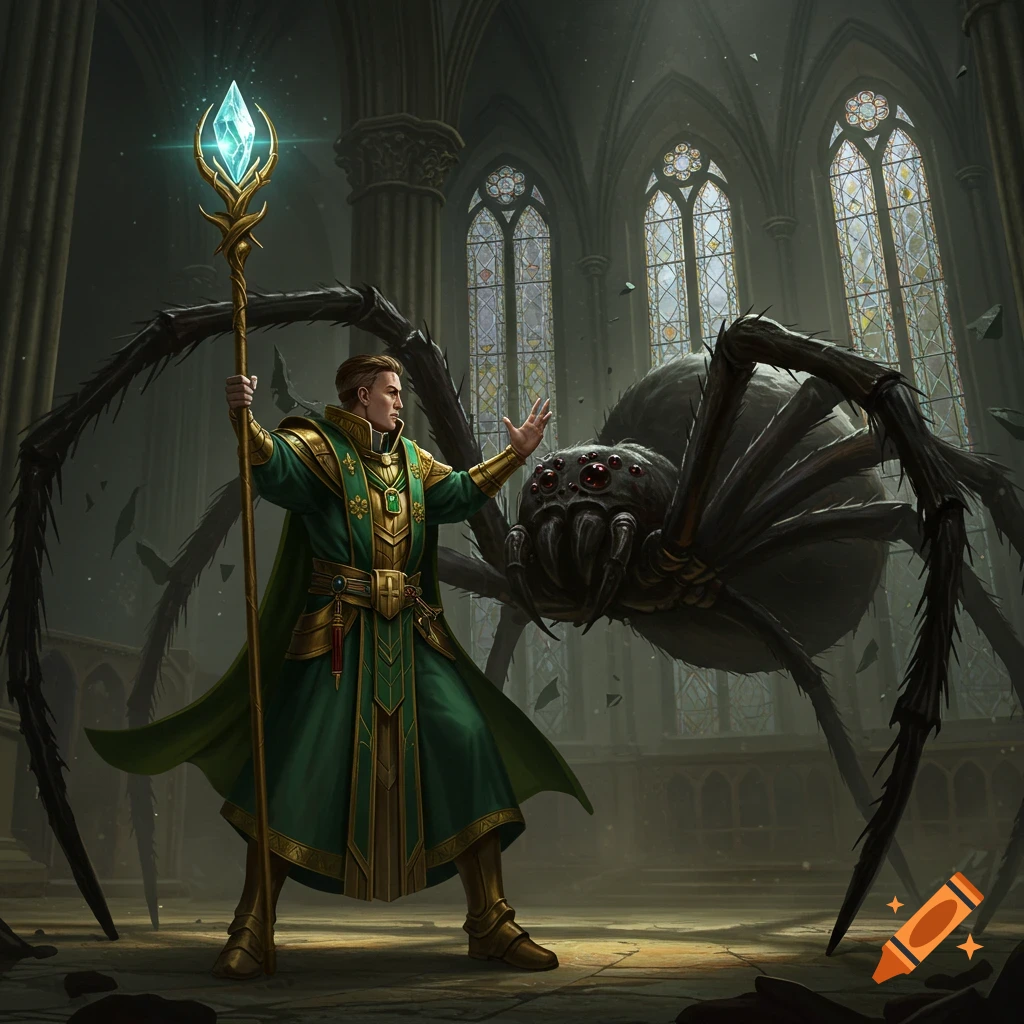 A powerful cleric in green and gold robes stands with a glowing staff, facing a giant dark spider in a grand gothic hall.