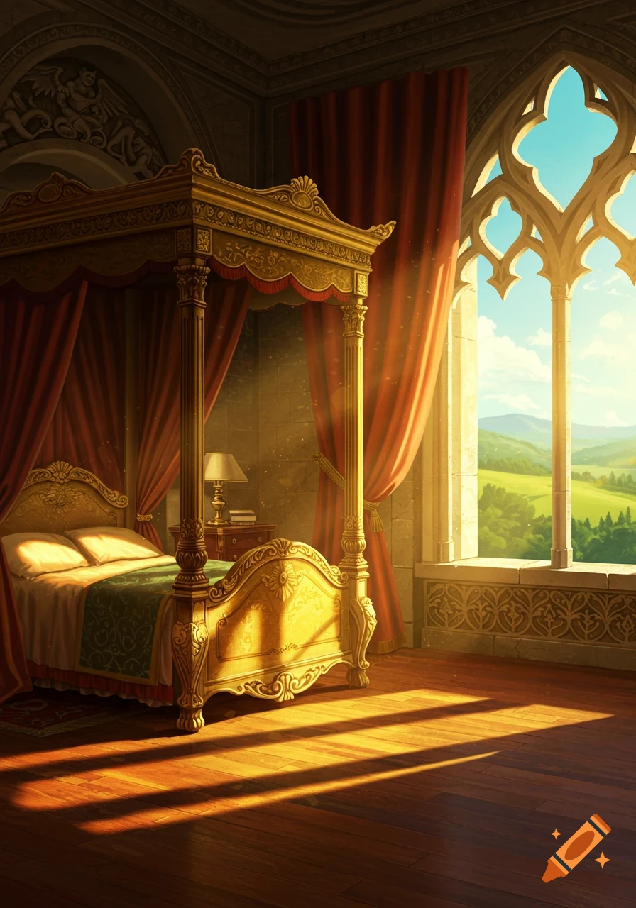 A grand castle bedroom featuring a golden four-poster bed, sunlight streaming through a large gothic window onto a green landscape.