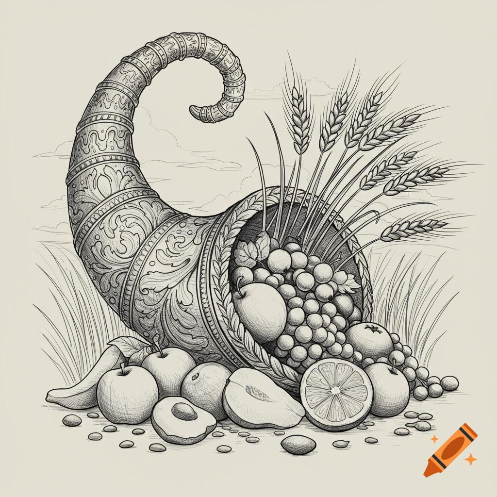 Black and gray fine-line tattoo sketch of a cornucopia overflowing with fruits and wheat sprigs, set against a wheat field.