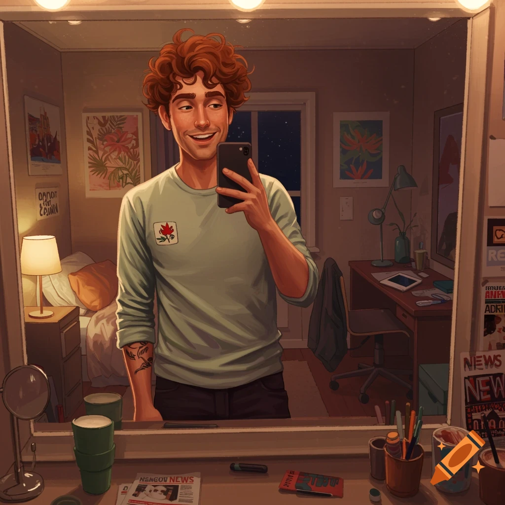 A smiling man with curly red hair takes a mirror selfie in a cozy, warm-lit bedroom, showing his reflection holding a smartphone.