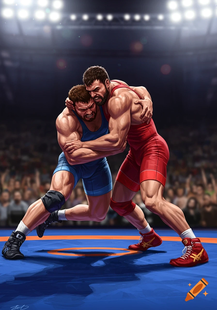 Two muscular wrestlers in blue and red singlets grapple intensely on a blue mat in a brightly lit arena, an illustration of a wrestling match.