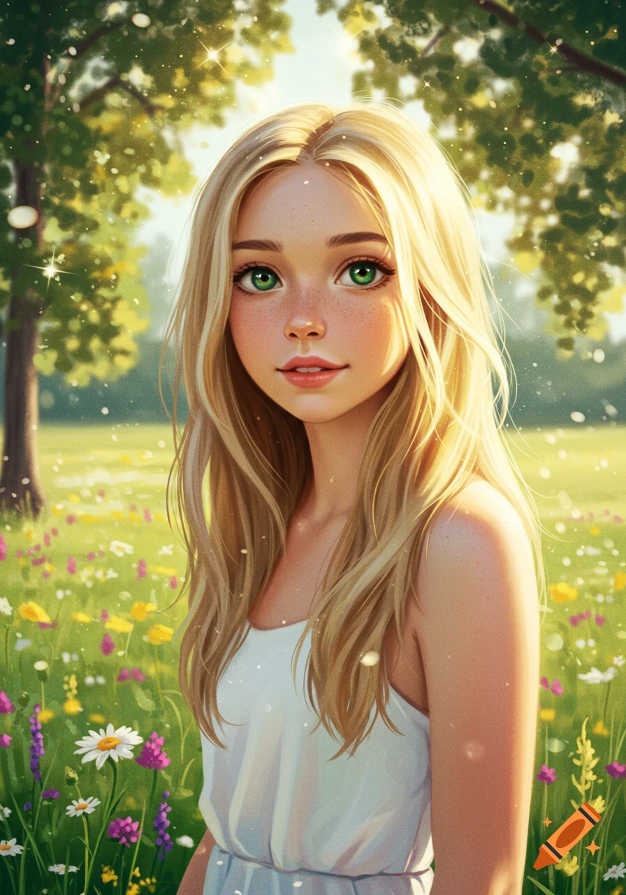 An illustrated portrait of a blonde girl with green eyes and freckles, wearing a white dress in a sunny field of wildflowers.