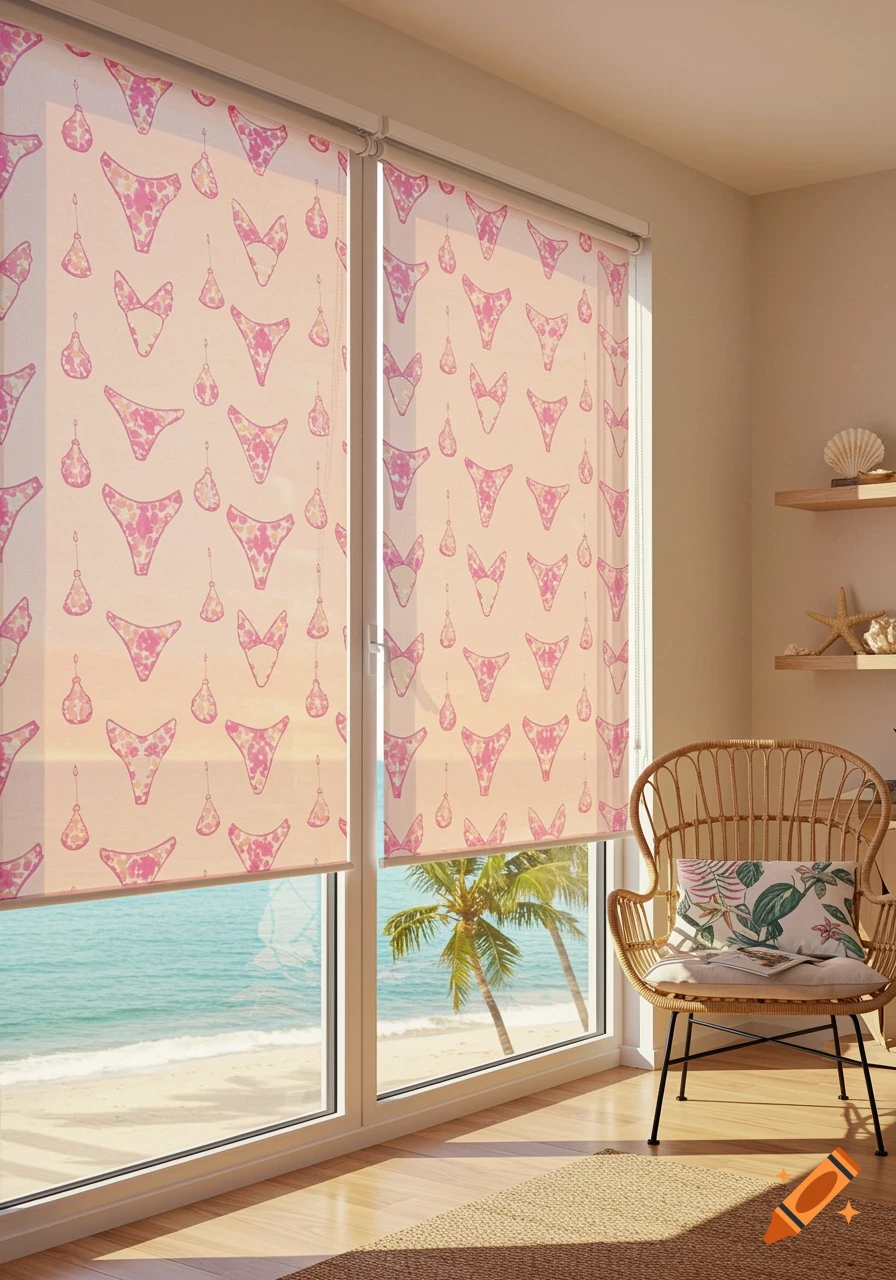 Photorealistic room with pink bikini pattern roller blinds overlooking a beach, beside a rattan chair.