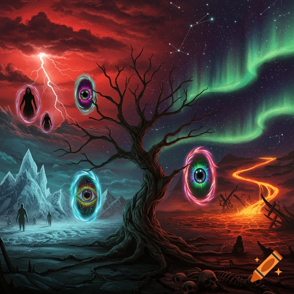 A surreal landscape split by a barren tree, featuring fiery lava, icy mountains, floating eye-portals, and a sky of red storms and green aurora.