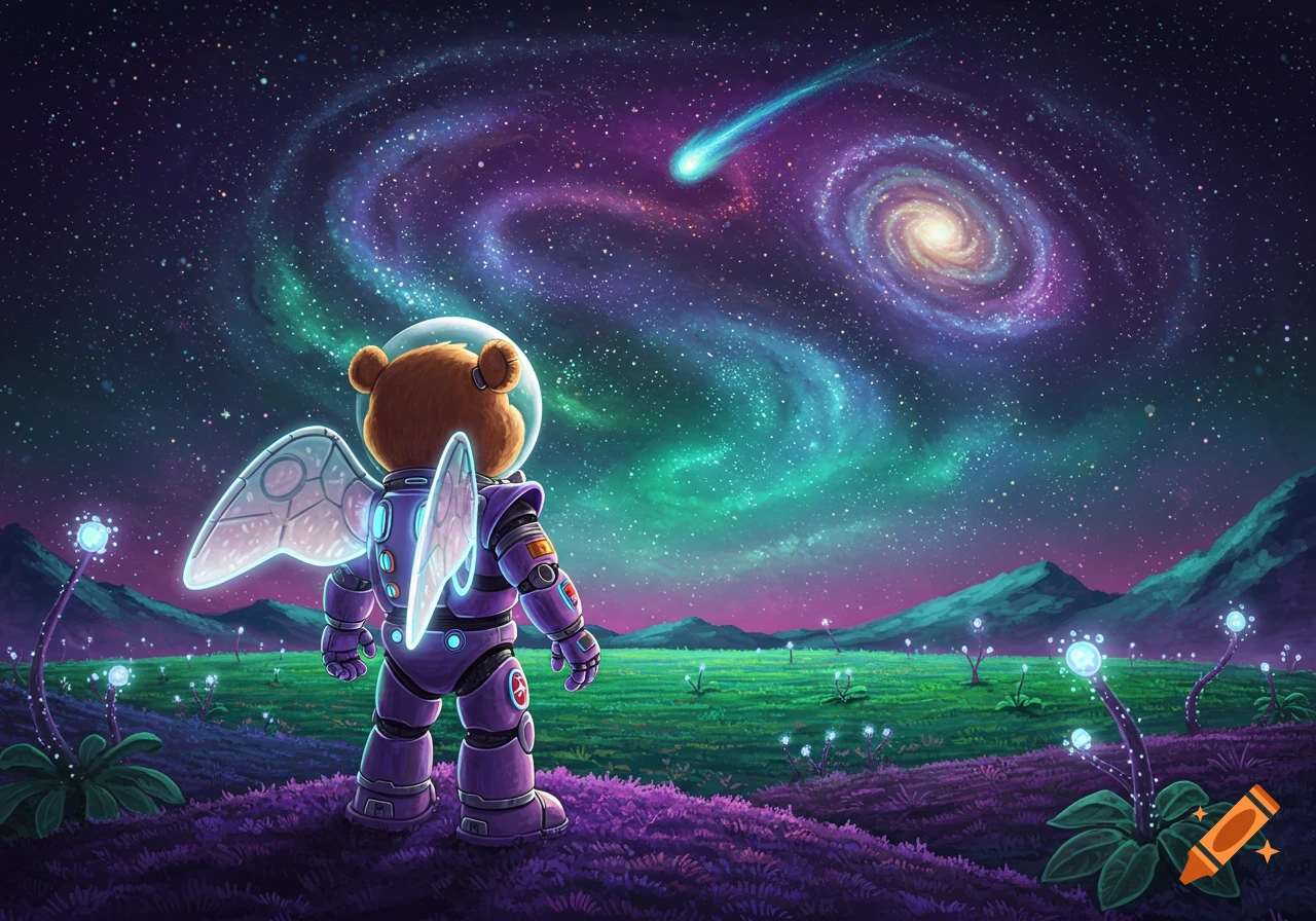 A cartoon bear in a purple spacesuit with glowing wings stands on an alien planet under a colorful galaxy.